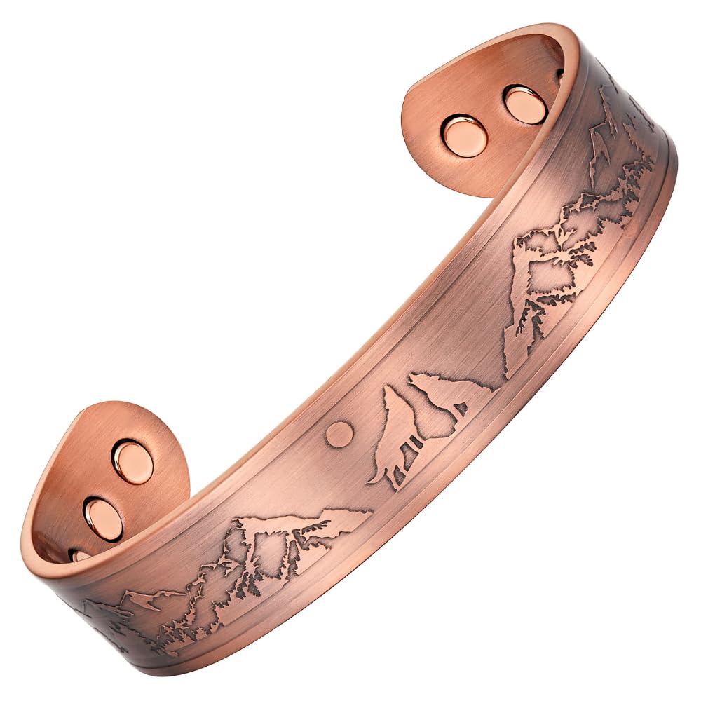 Willis Judd Mens Copper Bangle Wolf Bracelet Howling Wolves With Full Moon Wildlife Design